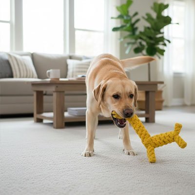 labrador joue avec Peluche Chien sur moquette