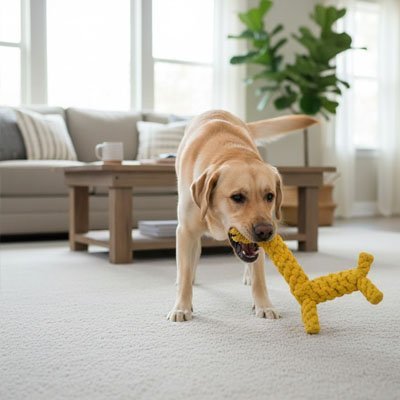 labrador joue avec Peluche Chien sur moquette
