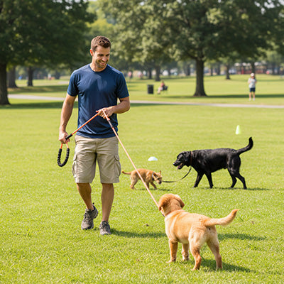 golden retriever en longe pour chien dans parc avec homme