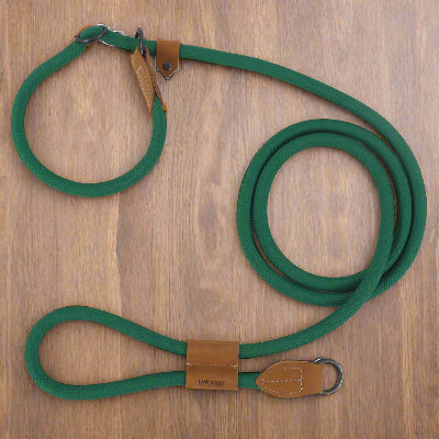 longe pour chien verte  sur plancher de bois
