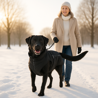 labrador noir portant manteau pour chien marche avec dame en hiver