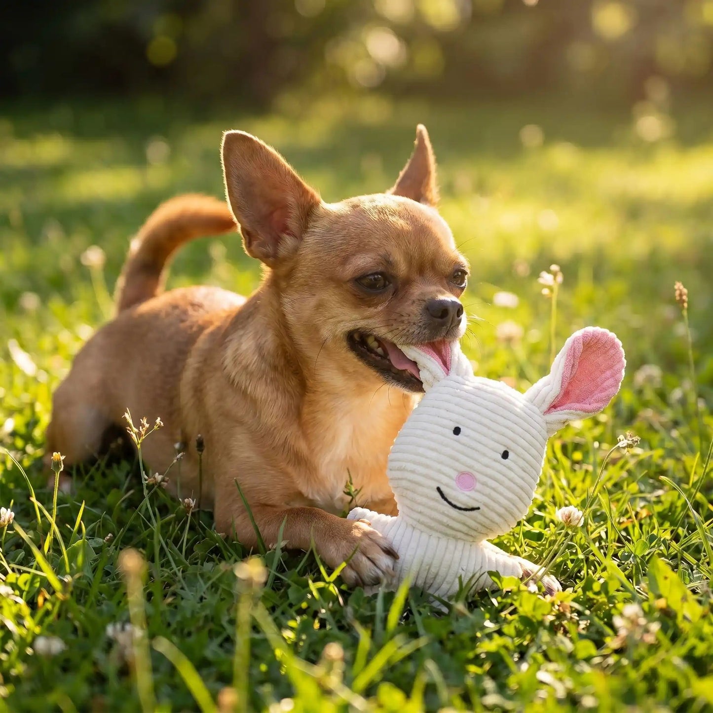 chihuahua mâchouille peluche pour chien sur la pelouse