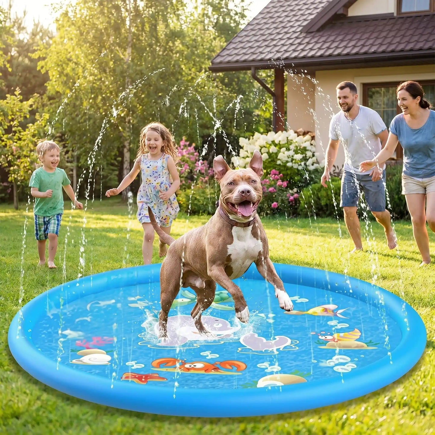 pitbull saute dans piscine avec enfants et parents autour