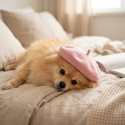 poméranien porte chapeau Chien couché sur lit