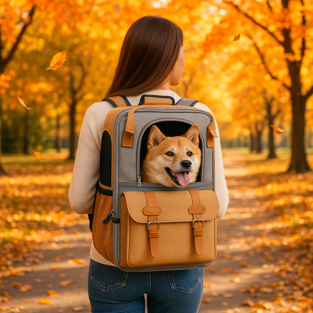femme porte chien dans sac à dos chien orange