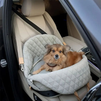 poméranien brun couche dans sac de tranport pour chien gris securise sur banquette blanche de voiture