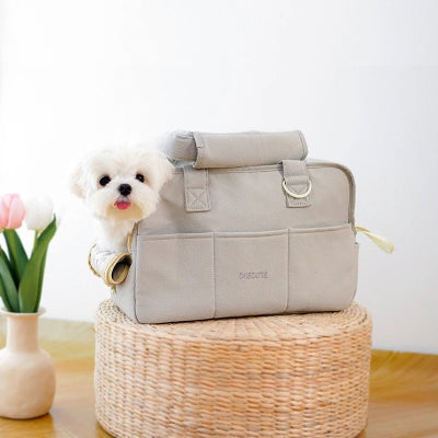caniche blanc dans sac de transport pour chien gris