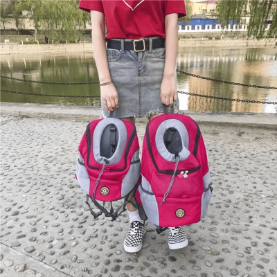 dame tient dans ses mains sac de transport pour chien