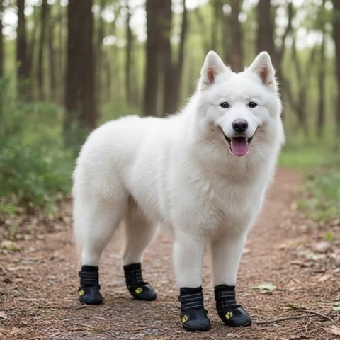 samoyède portant Chaussure pour Chien est debout sur sentier pédestre