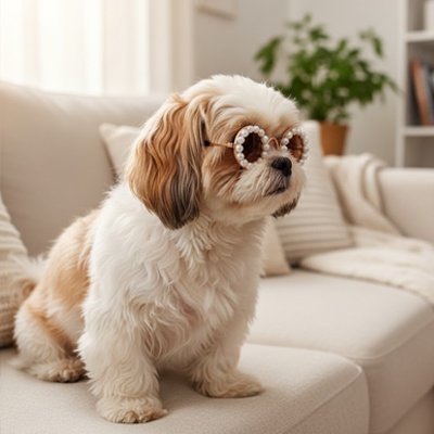shihtzu porte Lunette chien assis sur canapé blenc