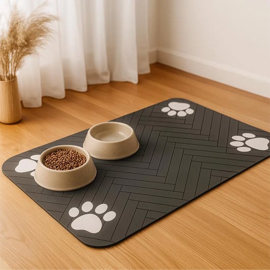 Tapis pour gamelle chien au sol avec 2 bols beiges