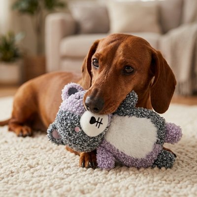 teckel mordille Peluche pour chien sur moquette