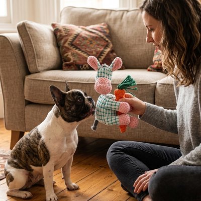 terrier boston joue avec dame avec Peluche Chien sur moquette