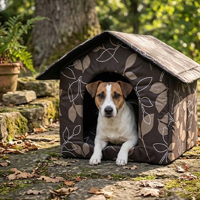 terrier couché dans Niche Chien exterieur