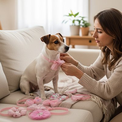 terrier porte collier noeud papillon chien sur canapé avec dame