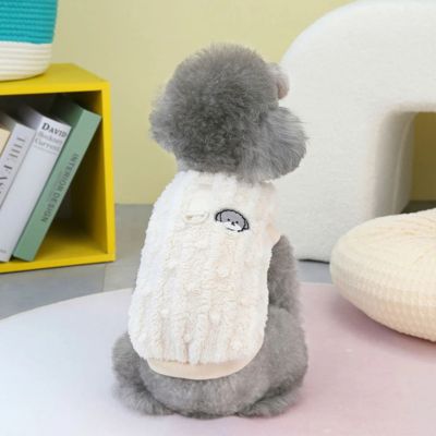 caniche gris assis sur tapis porte vetement pour chien ivoire