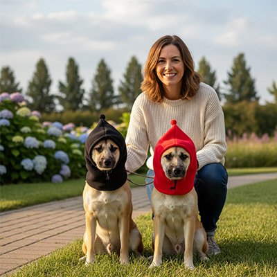 2 chiens portent Bonnet chien dans parc avec dame