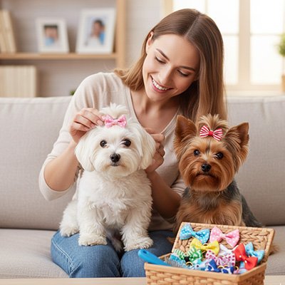 2 chiens portent noeud papillon pour chien assis sur genoux de dame
