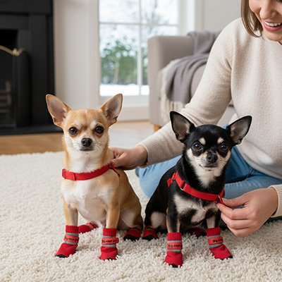  2 chihuahuas portant Chaussure pour Chien assis sur moquette beige avec femme
