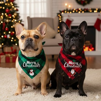 2 frenchie portant Bandana Chien sont assis près sapin noël