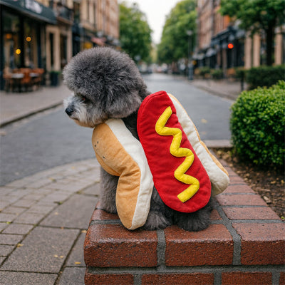 caniche gris portant déguisement chien halloween est assis sur muret de briques