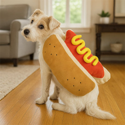chien blanc portant déguisement chien halloween est assis sur sol de bois