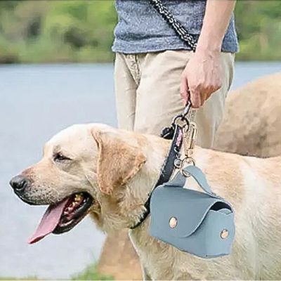 chien beige avec distributeur sac à crotte accroché à laisse