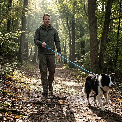 aussie en Longe Chien marche avec homme dans forêt