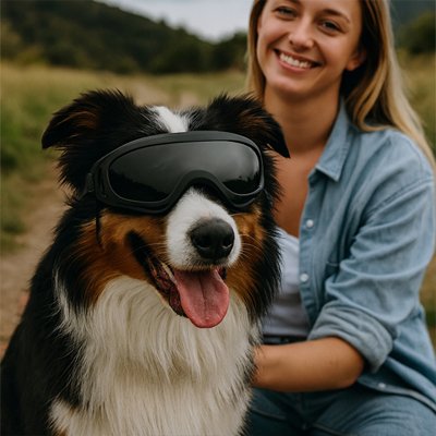 aussie porte Lunette chien moto grise avec dame
