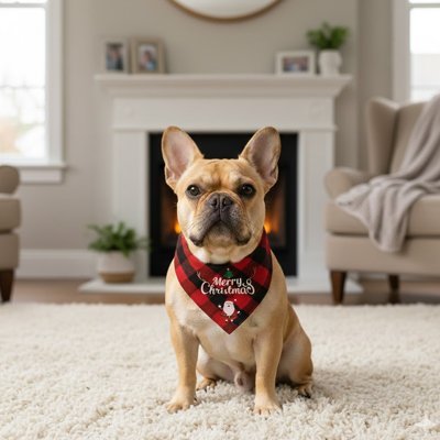 frenchie portant Bandana Chien est assis près cheminée