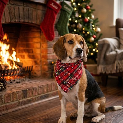 beagle portant Bandana pour Chien est assis sur sol près de cheminée