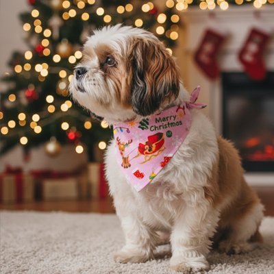 shihtzu porte Bandana pour Chien près de arbre de noël