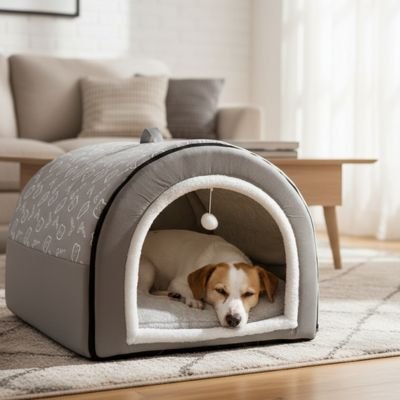 beagle dort dans Niche Chien interieur sur moquette