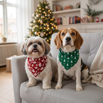 beagle et shihtzu portant Bandana Chiens assis sur canapé