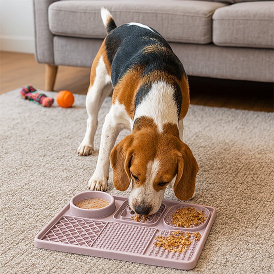 beagle mange auTapis de lechage chien au sol