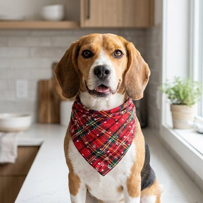 beagle portant Bandana pour Chien est assis sur comptoir cuisine