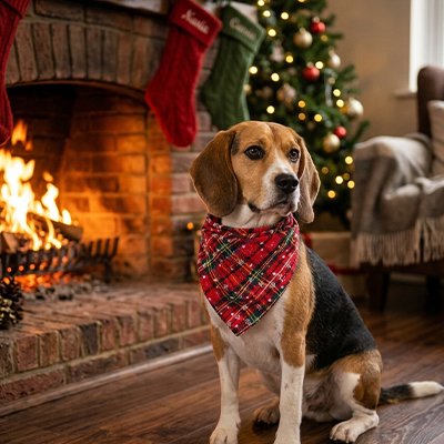 beagle portant Bandana pour Chien est assis sur sol près de cheminée