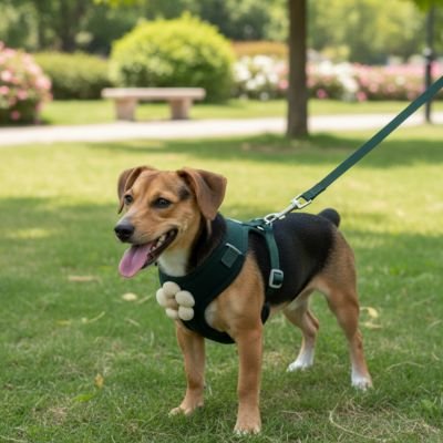 beagle portant Harnais pour petit Chien est debout sur pelouse de parc