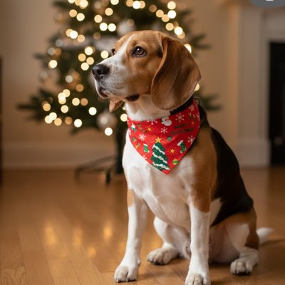 beagle porte Bandana pour Chien près de arbre de noël