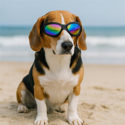 beagle porte Lunette pour chien​ sur la plage