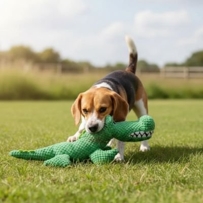 beagle tient Peluche pour chien dans sa bouche sur pelouse
