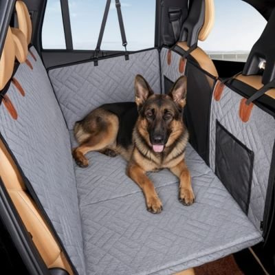 berger allemand couché sur banquette arrière couverte de Protection voiture chien​ grise