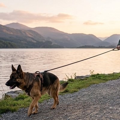 berger allemand en Longe Chien marche avec homme sur plage