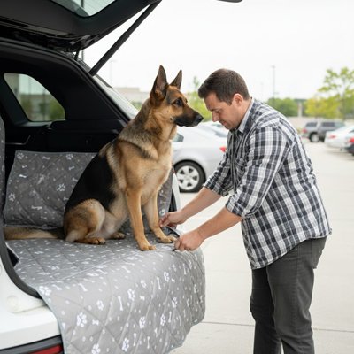 berger allemand est assis sur Protection chien voiture à arrière de suv avec son maitre