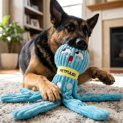 berger allemand mordille Peluche chien sur moquette