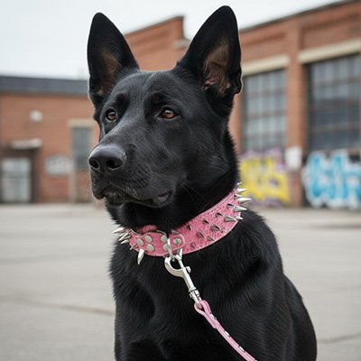 berger allemand noir portant collier chien clouté rose est assis sur sol