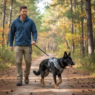 berger allemand portant Harnais chien marche en foret avec son maitre