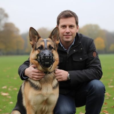 berger allemand portant Muselière pour chien​ est assis dans parc avec homme