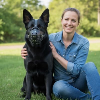 berger allemand portant Muselière pour chien​ est assis dans parc avec femme