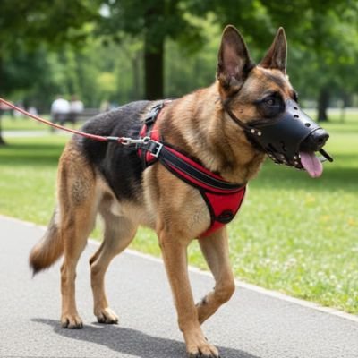 berger allemand portant Muselière pour chien​ marche en laisse sur sentier de ciment